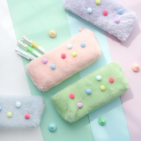 Macaron Plush Pencil Case With Colorful Pom Poms Soft Stationery Bag Large Capacity School Supplies For Students Women