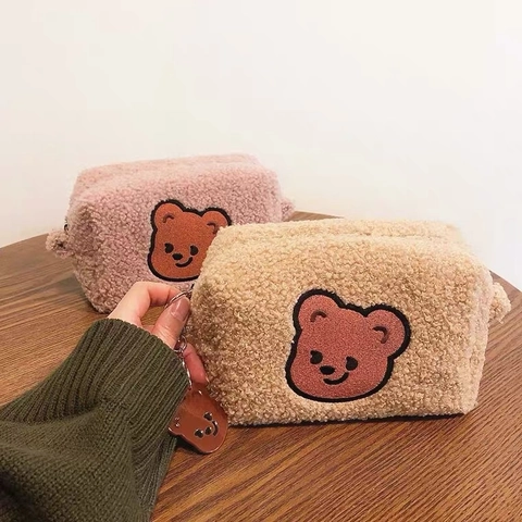 Teddy Fleece Kosmetiktasche Süße Bär Stickerei Kulturbeutel Tragbare Große Kapazität Organizer Für Frauen Mädchen