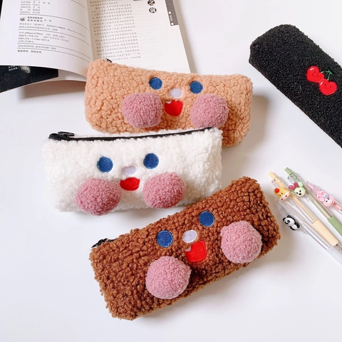 Pennenzak Cartoon Smiley Lamswol Grote Capaciteit Briefpapier Opbergtas Pluche Etui Schattig Ins Stijl Zacht