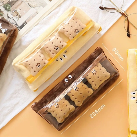 Plush Biscuit Pencil Case With Transparent PVC Window Cute Embroidery Sandwich Cookie Stationery Bag For Students
