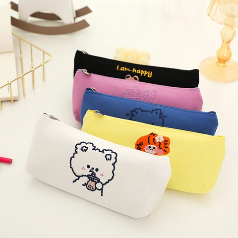 Large Capacity Canvas Pencil Case Korean Ins Cute Cartoon Embroidery Animal Stationery Bag For Students Office School Storage