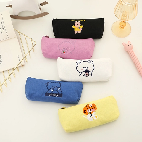 Large Capacity Canvas Pencil Case Korean Ins Cute Cartoon Embroidery Animal Stationery Bag For Students Office School Storage