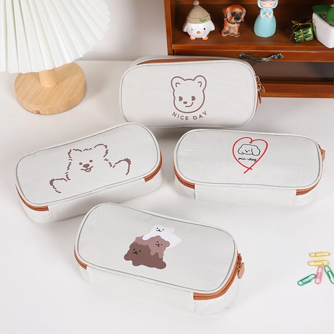 Cute Cartoon Large Capacity Oxford Cloth Pencil Case Japanese Style Bear Dog Print Stationery Storage Bag For Students