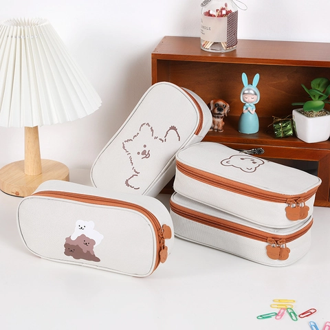 Cute Cartoon Large Capacity Oxford Cloth Pencil Case Japanese Style Bear Dog Print Stationery Storage Bag For Students