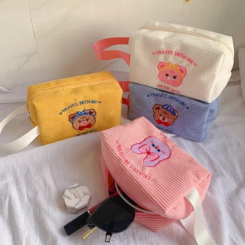 Estuche De Lápices De Pana Bordado De Oso Lindo Gran Capacidad Bolsa De Cosméticos Portátil De Viaje Con Cremallera