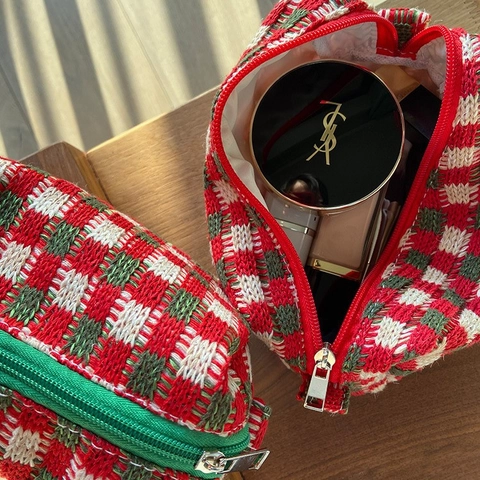 Vintage Grofgebreide Ruitjes Cosmetische Tas Grote Capaciteit Draagbare Etui Voor School Reizen Opslag Vrouwen
