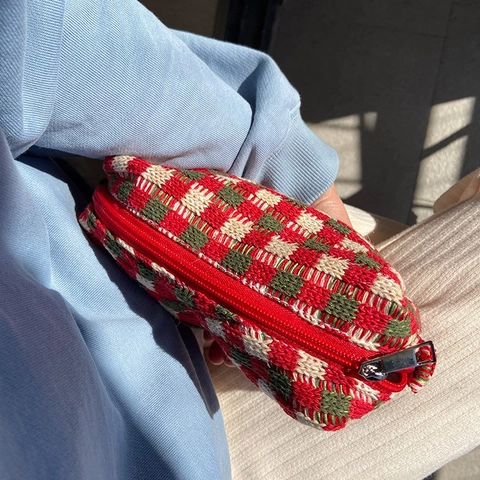 Vintage Grofgebreide Ruitjes Cosmetische Tas Grote Capaciteit Draagbare Etui Voor School Reizen Opslag Vrouwen