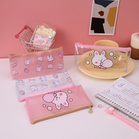 Astuccio in PVC Trasparente con Cartoni Animati Grande Capacità Borsa Porta Penne Impermeabile per Scuola Ragazze Studenti Ufficio Organizzazione Scrivania