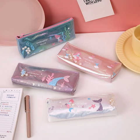 Cute Mermaid Holographic Pencil Case For Girls Laser PU Leather Stationery Bag With Artificial Pearl Shell Patterns School Storage