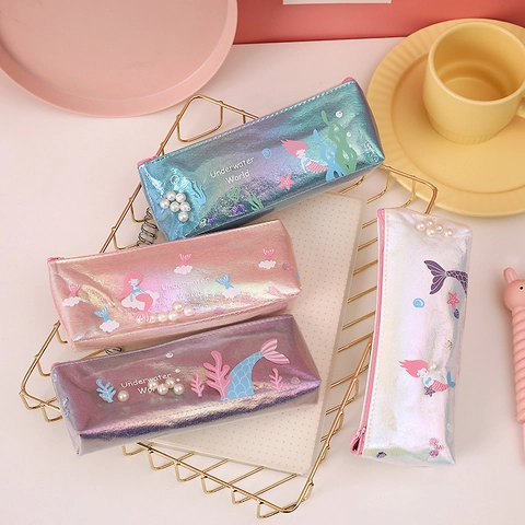 Cute Mermaid Holographic Pencil Case For Girls Laser PU Leather Stationery Bag With Artificial Pearl Shell Patterns School Storage
