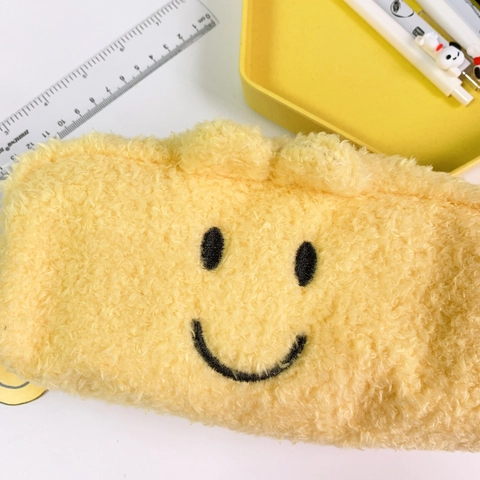 Cute Smiley Face Plush Pencil Case Soft Fleece Large Capacity Pen Pouch For Students Office School Stationery Organizer