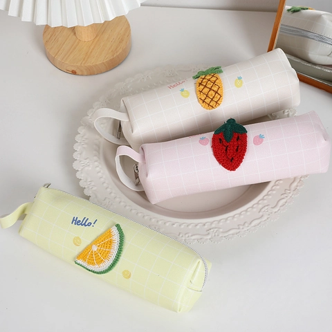 Pencil Case Fruit Embroidery Grid PU Leather Stationery Bag With Handle Zipper For Students Korean Style Organiser