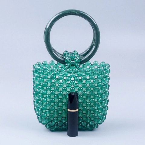 Green Acrylic Beaded Mini Handbag Handmade Woven Round Handle Retro Summer Bag Women