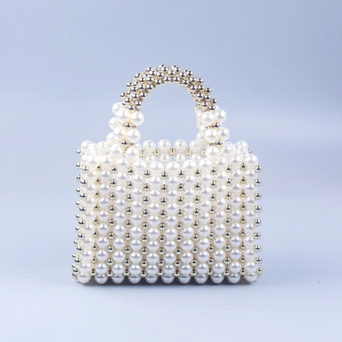 Hand-Woven Artificial Pearl Beaded Handbag With Metal Beads French Retro Square Mini Tote Bag For Women Daily Match