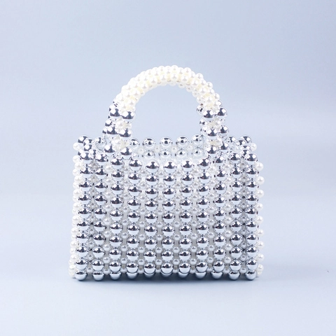 Handmade Beaded Handbag For Women Silver Metallic Acrylic Beads And White Pearl Spliced Square Tote Bag Fashion Street Hand-Woven Party Evening Purse
