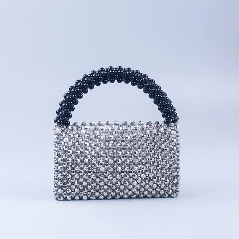 Handmade Beaded Handbag Women Acrylic Woven Mini Square Bag Contrast Silver And Black Street Style Party Accessory