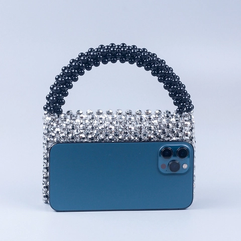 Handmade Beaded Handbag Women Acrylic Woven Mini Square Bag Contrast Silver And Black Street Style Party Accessory