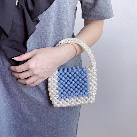 Handmade Woven Beaded Handbag Acrylic Faux Artificial Pearl Blue And White Color Block Chic Mini Tote For Women