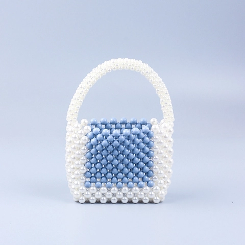 Handmade Woven Beaded Handbag Acrylic Faux Artificial Pearl Blue And White Color Block Chic Mini Tote For Women