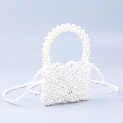 Beaded Kunstparel Mini Handtas Dames Hol Vierkant Kunstparel Crossbody Tas Voor Bruiloft Avondfeest Elegant Wit