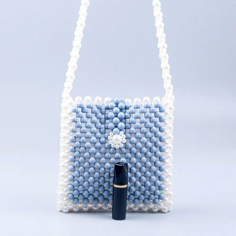 Handmade Beaded Crossbody Bag Acrylic Artificial Pearl Woven Fashion Contrast Color Mobile Phone Shoulder Bag For Women