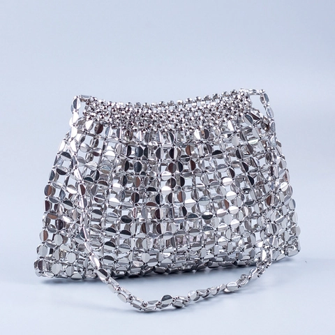 Handmade Sequin Dumpling Bag For Women Metal Acrylic Woven Shoulder Bag Luxury Evening Party Banquet Handbag Retro Purse