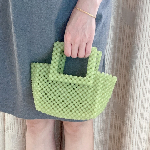 Handmade Beaded Handbag Acrylic Woven Mint Green Small Square Tote Bag For Women Casual Fresh Sweet Style