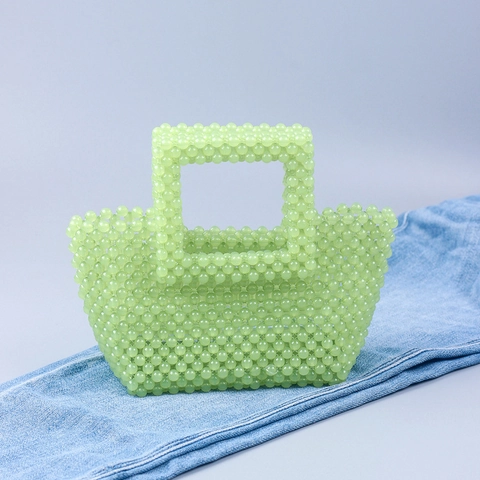 Handmade Beaded Handbag Acrylic Woven Mint Green Small Square Tote Bag For Women Casual Fresh Sweet Style