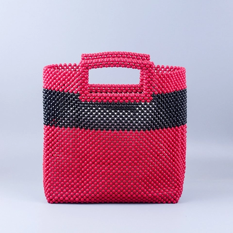 Borsa A Mano Intrecciata Con Perline In Acrilico Fatta A Mano Rosso E Nero Colore A Contrasto Grande Capacità Tote Da Donna