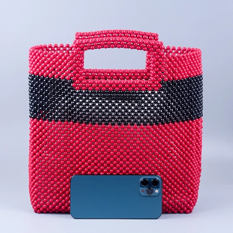 Borsa A Mano Intrecciata Con Perline In Acrilico Fatta A Mano Rosso E Nero Colore A Contrasto Grande Capacità Tote Da Donna