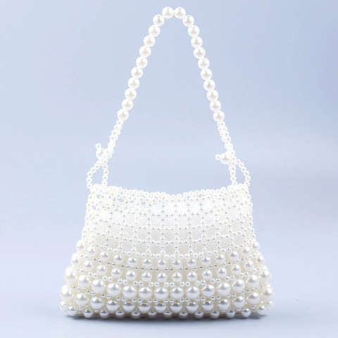 Handmade Faux Artificial Pearl Beaded Evening Bag For Women Elegant Woven Acrylic Handbag For Wedding Party Banquet