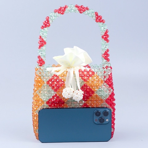 Handbeaded Shoulder Bag Acrylic Beads Contrast Color Rhombic Woven Chic Trendy Street Style Handbag Accessory For Women