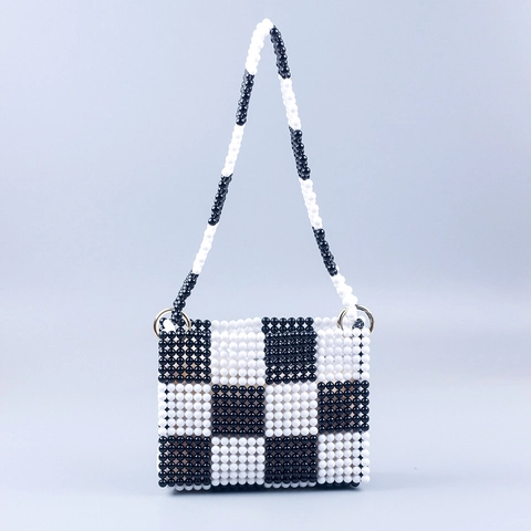Bolso de Hombro de Cuentas Hecho a Mano Damero Vintage Acrílico Cuadrado Bolso Bandolera Negro y Blanco Tejido Moda Mujer