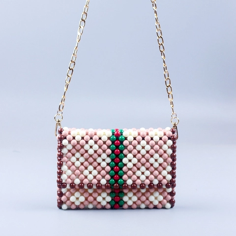 Bolso Bandolera De Cuentas Hecho A Mano Acrílico Tejido Rayas Geométricas Coloridas Bolso De Noche Con Cadena De Metal