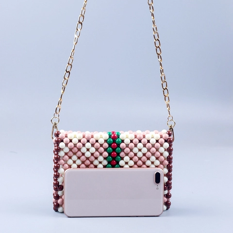 Bolso Bandolera De Cuentas Hecho A Mano Acrílico Tejido Rayas Geométricas Coloridas Bolso De Noche Con Cadena De Metal