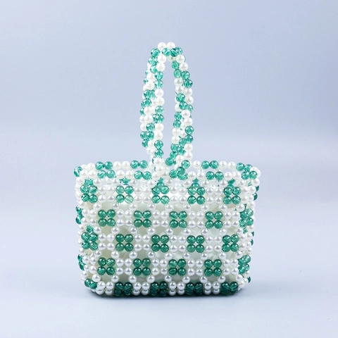 Sac À Main Perlé À La Main Acrylique Vert Blanc Ajouré Patchwork Carré Tissé Rétro Mode Pour Femmes