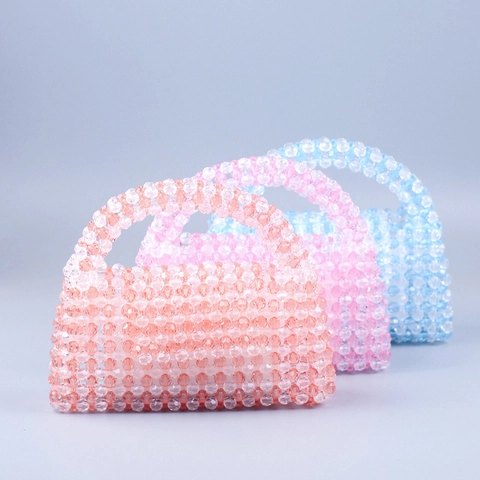 Handmade Beaded Handbag Acrylic Crystal Woven Tote Vintage Sweet Flap Mini Top Handle Bag For Women Fashion Candy Color