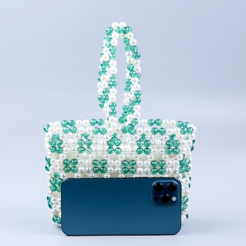 Sac À Main Perlé À La Main Acrylique Vert Blanc Ajouré Patchwork Carré Tissé Rétro Mode Pour Femmes