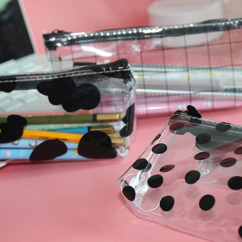 Estuche De Lápices Transparente PVC Impermeable Gran Capacidad Patrón Lunares Vaca Cremallera Bolsa Almacenamiento Papelería