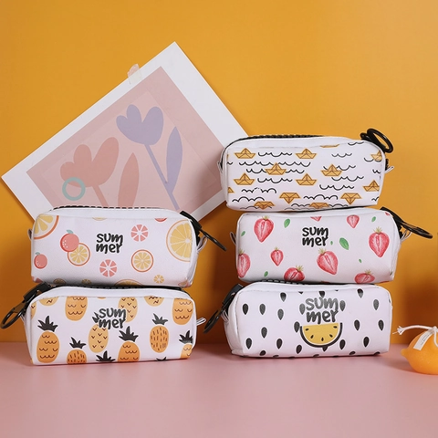Pencil Case PU Leather Large Capacity Big Zipper Ring Pull Cute Summer Fruit Print Stationery Pouch Students Girls