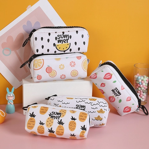 Pencil Case PU Leather Large Capacity Big Zipper Ring Pull Cute Summer Fruit Print Stationery Pouch Students Girls