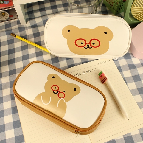 Trousse à Crayons Ours de Dessin Animé Kawaii en Cuir PU Grande Capacité Pochette de Papeterie Étudiant Bureau