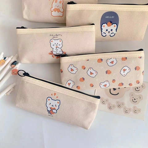 Schattige Beer Konijn Canvas Penetui Grote Capaciteit Kantoorgerei Tas Koreaanse Ins Stijl Student Rits Pennenzak School Kantoor