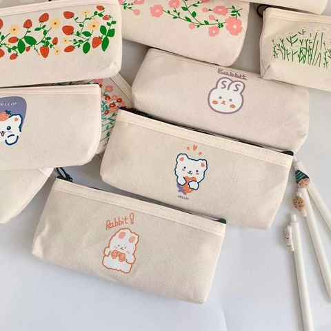 Schattige Beer Konijn Canvas Penetui Grote Capaciteit Kantoorgerei Tas Koreaanse Ins Stijl Student Rits Pennenzak School Kantoor