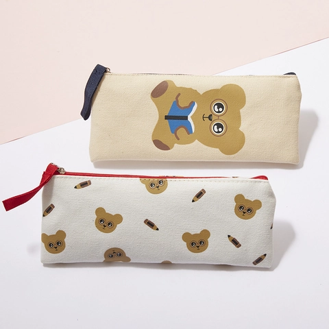 Large Capacity Canvas Pencil Case Cute Cartoon Bear Print Stationery Pouch Zipper Storage Bag For School Office Students Daily