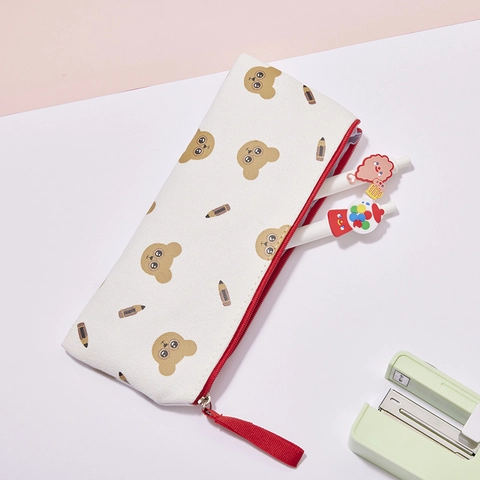 Large Capacity Canvas Pencil Case Cute Cartoon Bear Print Stationery Pouch Zipper Storage Bag For School Office Students Daily