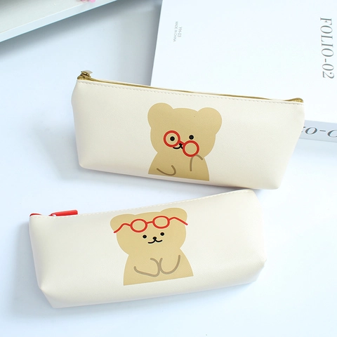 Süße Cartoon Bär PU Leder Mäppchen Cremeweiß Große Kapazität Schreibwaren Organizer Tasche Für Schüler Mädchen