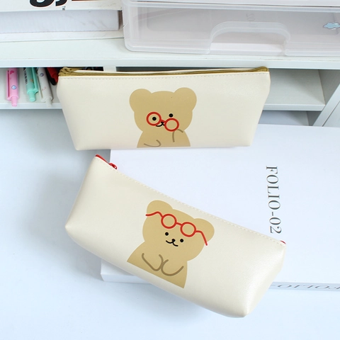 Süße Cartoon Bär PU Leder Mäppchen Cremeweiß Große Kapazität Schreibwaren Organizer Tasche Für Schüler Mädchen