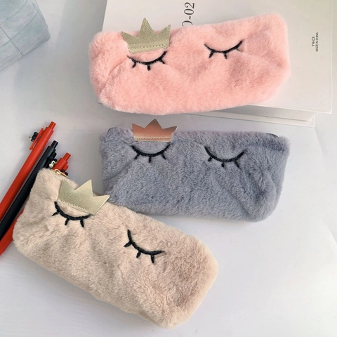Astuccio In Peluche Ricamo Ciglia Corona Dorata Grande Capacità Borsa Per Cancelleria Per Studenti Ragazze Simpatico Astuccio Con Zip