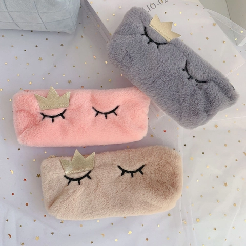 Astuccio In Peluche Ricamo Ciglia Corona Dorata Grande Capacità Borsa Per Cancelleria Per Studenti Ragazze Simpatico Astuccio Con Zip